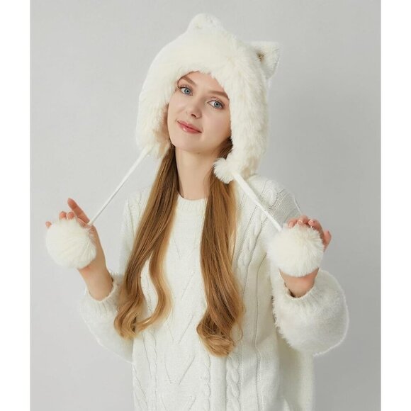 Women Cream White Winter Peruvian Cover Ears Beanie Hat Ear Flaps Sherpa Snow main image 5
